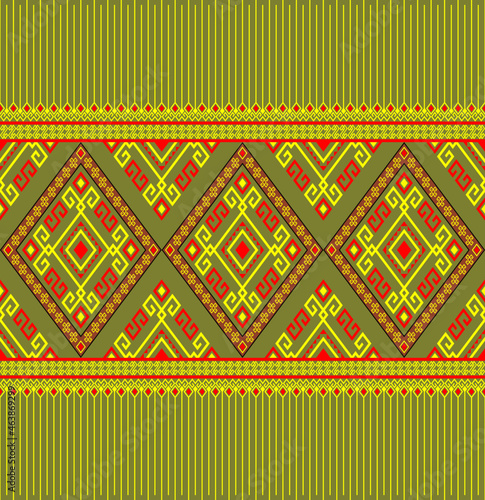 Yellow Red Ethnic or Native Seamless Pattern on Green Background in Symmetry Rhombus Geometric Bohemian Style for Clothing or Apparel,Embroidery,Fabric,Package Design