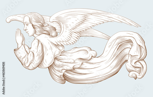 Praying flying Angel. Religious symbol of Christianity. Biblical illustrations in old engraving style. Decor for religious holidays. Hand drawn vector illustration.