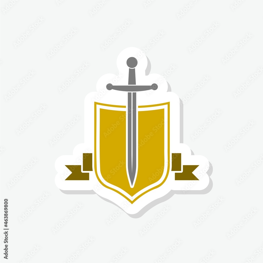 Protective shield with sword sticker icon isolated on white background Protective shield with sword sticker icon isolated on white background