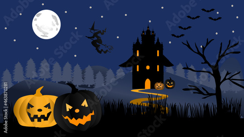 Halloween background with pumpkins  Graves  full moon  and bats stock illustration