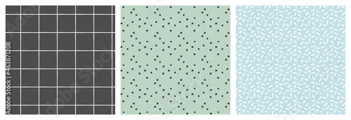 Calm and soft colours seamless pattern set with minimal design. Pastel blue, green and dark grey repeat coordinating backgrounds with check grid, cross marks and rise shape spots.