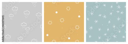 Weather conditions seamless pattern with rain, sun and snow symbols. Minimalist hand drawn repeat background in pastel yellow, blue and grey colours for baby and kids clothing, book or educational mat