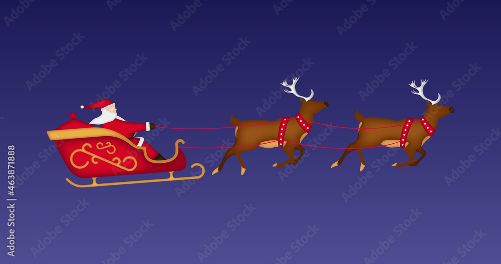 Fototapeta premium Animation of santa claus with christmas presents in sleigh with reindeer on purple background