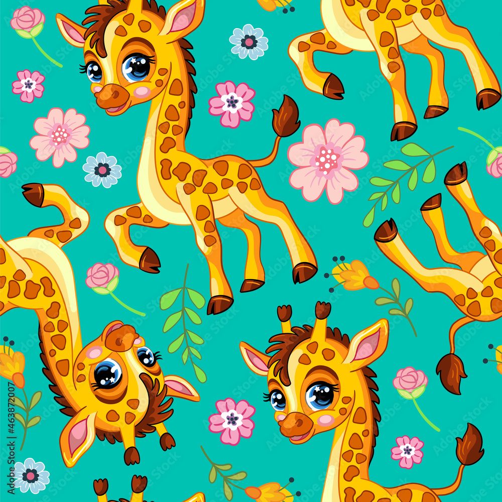 Vector seamless pattern with cute baby giraffe