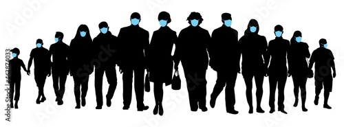 Moving people in medical masks, silhouette of crowd. Society. Vector illustration