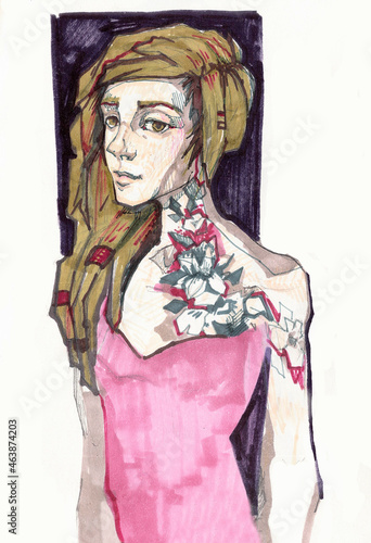 Valokuva Stylized girl with tattoos, long hair with dreadlock