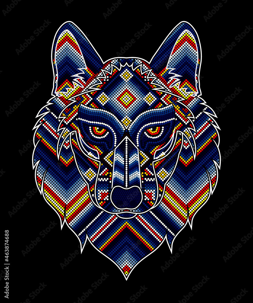 vector illustration of colorful beaded wolf head inspired in mexican huichol art. Isolated on black background. - obrazy, fototapety, plakaty 