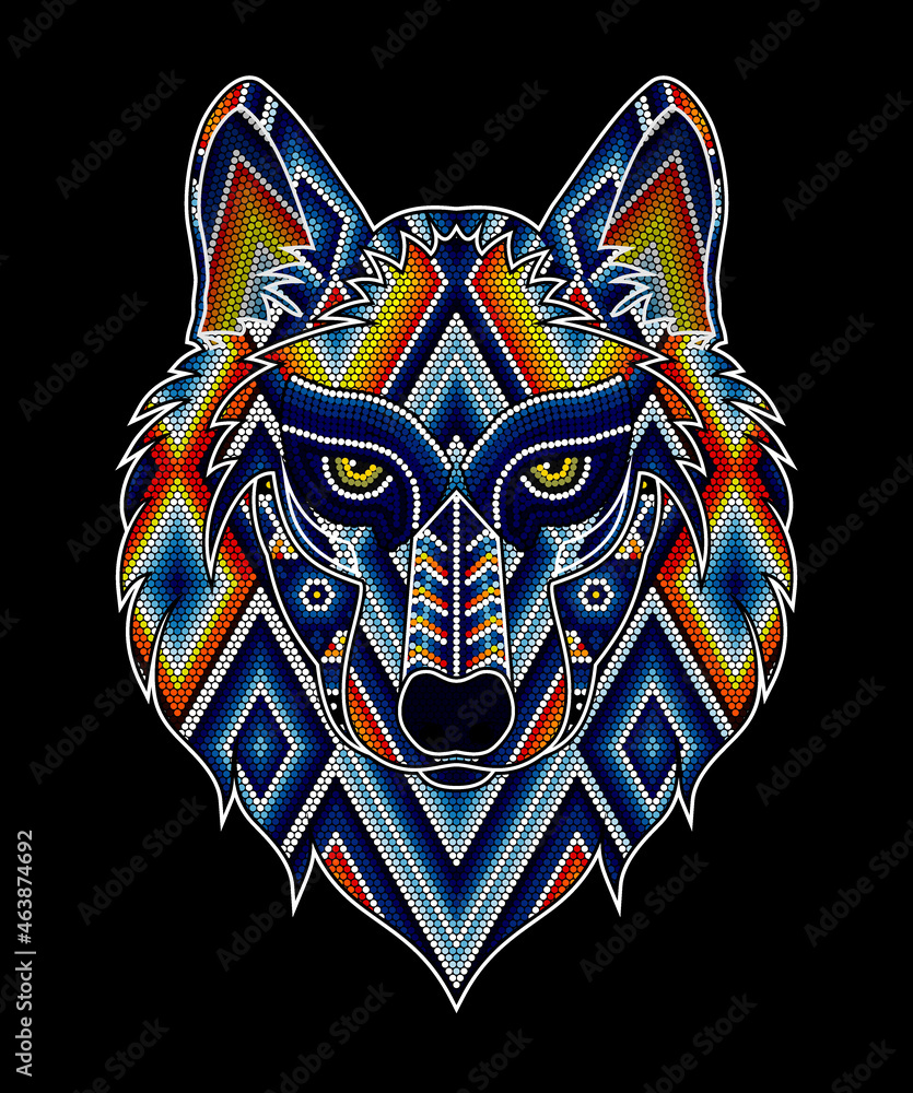 vector illustration of colorful beaded wolf head inspired in mexican huichol art. Isolated on black background. - obrazy, fototapety, plakaty 