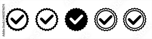 Approved or certified medal icon, Approval check symbol, Certified badge, Guarantee symbol.