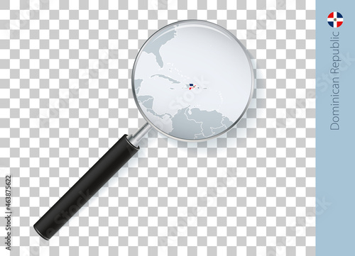 Dominican Republic map with flag in magnifying glass on transparent background.