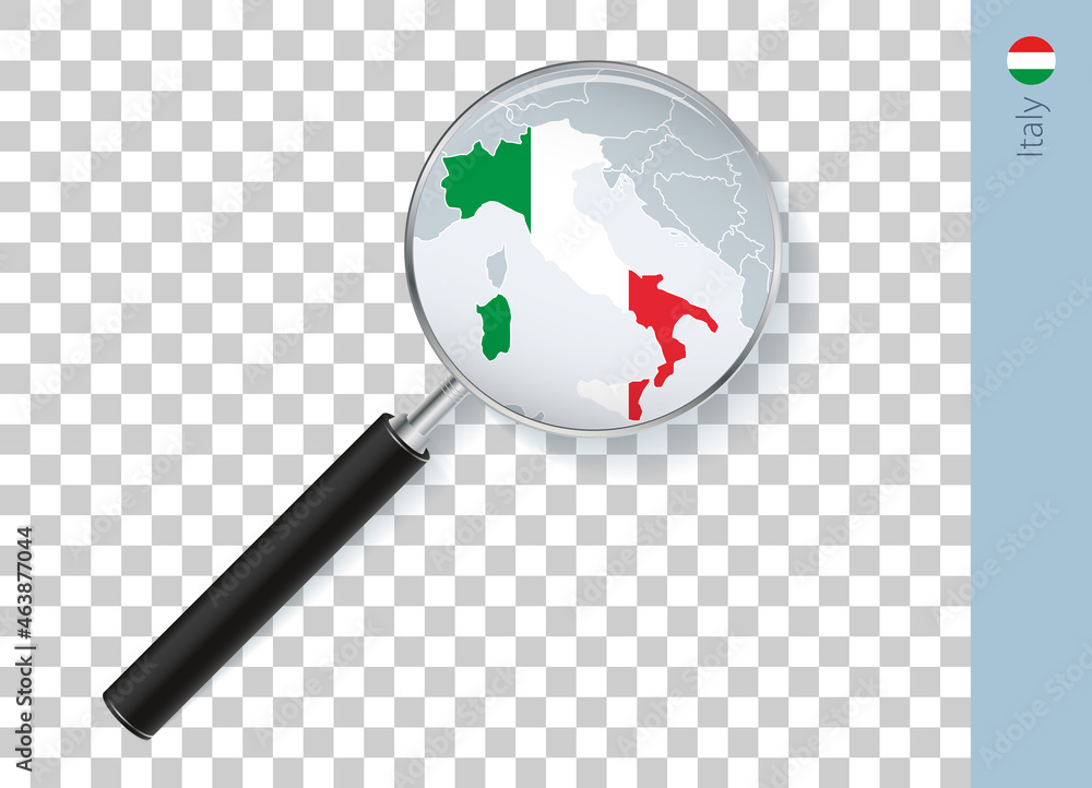 Italy map with flag in magnifying glass on transparent background. Italy map with flag in magnifying glass on transparent background.
