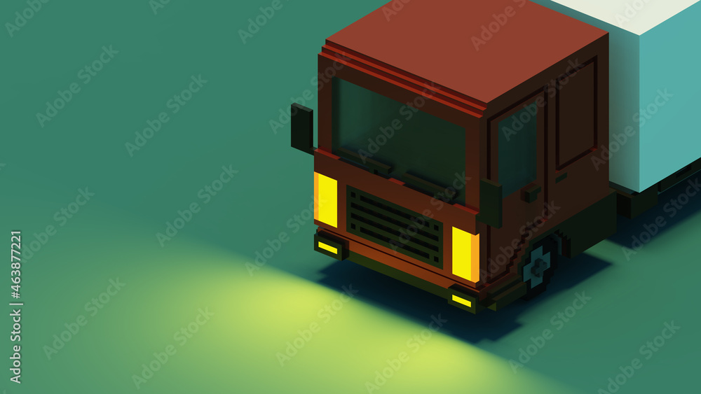 close up pixel art truck with yellow light on blue background, voxel cargo truck with blank area close up pixel art truck with yellow light on blue background, voxel cargo truck with blank area
