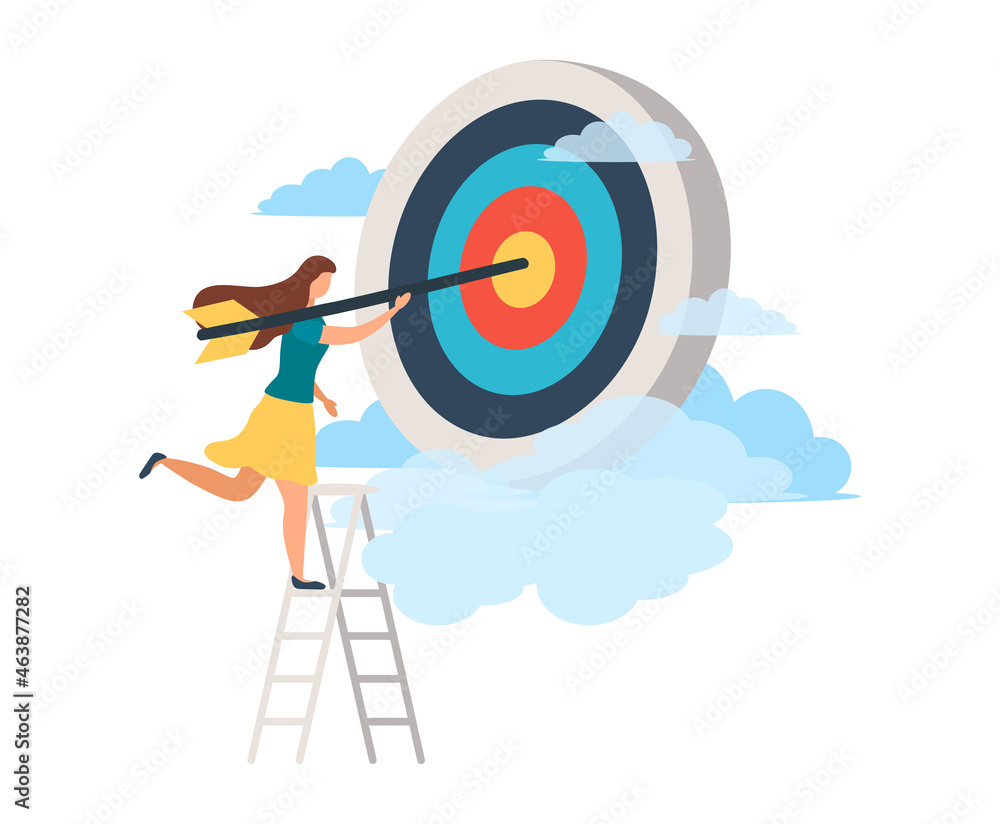 A man with an arrow is running towards his goal along a winding road, motivation is advancing, through clouds or stairs, steps of achievement, steps