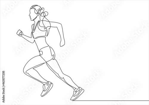 Continuous line drawing. Sport running woman on white background. Vector illustration