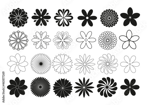set of radial flowers, thin black lines on a white background, collection of vector design elements