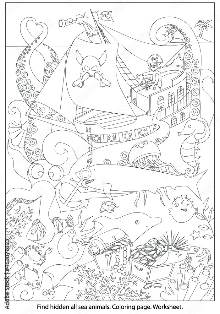 Find and coloring all ocean animals. Pirates on board fight with Octopus on sea.  Marine life. Search hidden objects in the picture. Education Puzzle Sketch vector illustration