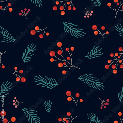 Rowan and fir branches, small berries on a dark blue-violet background. Seamless winter doodle pattern. Suitable for packaging, wallpaper. © Yana