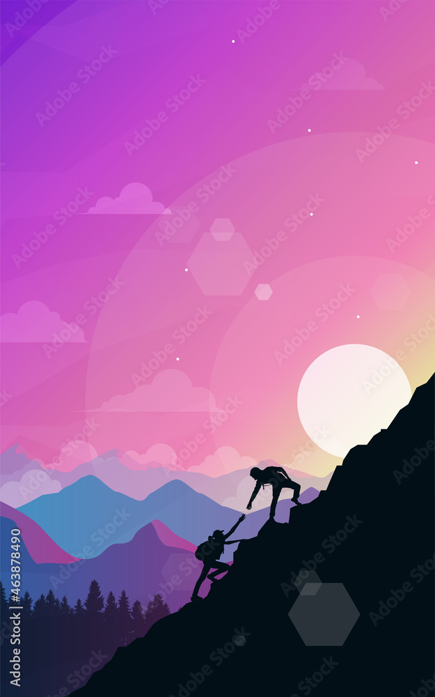 Fototapeta premium Climb to the top of the mountain. Helping hand. Travel concept of discovering, exploring, observing nature. Hiking tourism. Adventure. Minimalist graphic flyer. Polygonal flat design. 