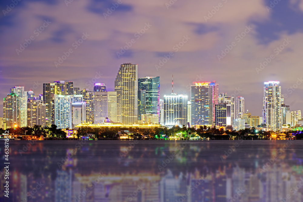Miami night downtown, city Florida. Miami, Florida, USA downtown cityscape.