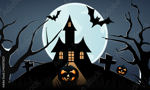 Halloween house with pumpkin head on The mountain at night on The full moon background with tree cross and bats. Concept Happy Halloween day background. Vector illustration design