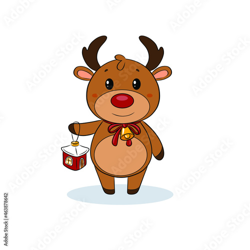 A cartoon children's character.Santa Claus ' Christmas reindeer.Elk deer sled with red nose horns red ribbon and bell Christmas tree toy decoration house.Winter holiday.New Year Symbol Vector