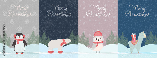 Christmas set of greeting cards, with cute animals. Llama, penguin, polar bear, snowy owl.