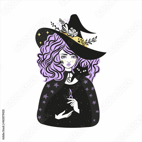 Cute witch and cat wearing hat with stars and leaves. Vector illustration