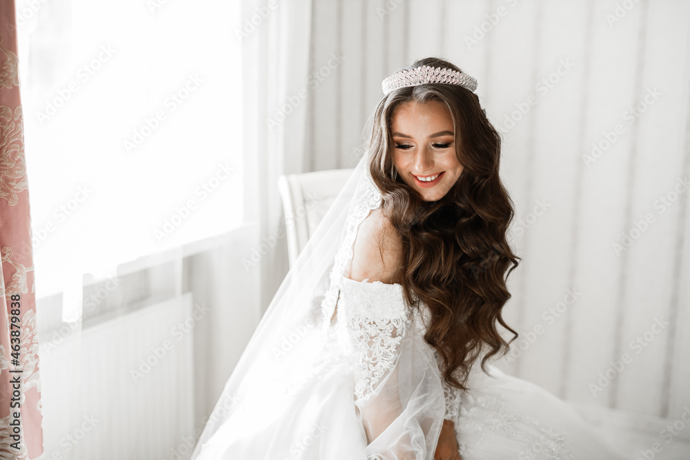 Beautiful bride wearing fashion wedding dress with feathers with luxury delight make-up and hairstyle, studio indoor photo shoot Beautiful bride wearing fashion wedding dress with feathers with luxury delight make-up and hairstyle, studio indoor photo shoot