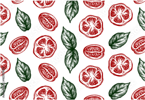 Sketch drawing pattern with red tomatoes and green basil leaves. Vintage design tomato wallpaper for food packaging. Outline hand drawn basil leaf. Vector illustration