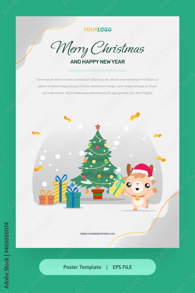 Fototapeta premium Flat Illustration, Poster Template with reindeer, christmas tree and gifts