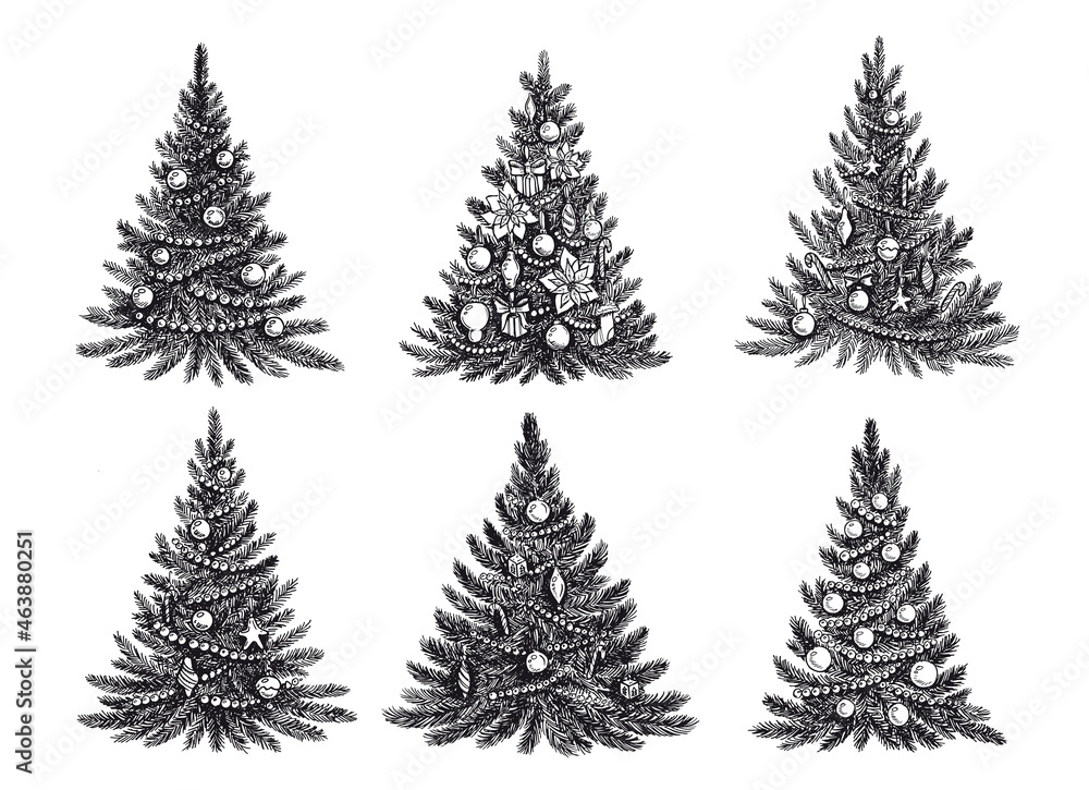 Christmas tree set, Merry Christmas and a Happy New Year. Hand drawn illustrations. 
