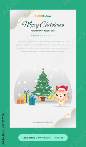 Flat Illustration, Story Template with reindeer, christmas tree and gifts