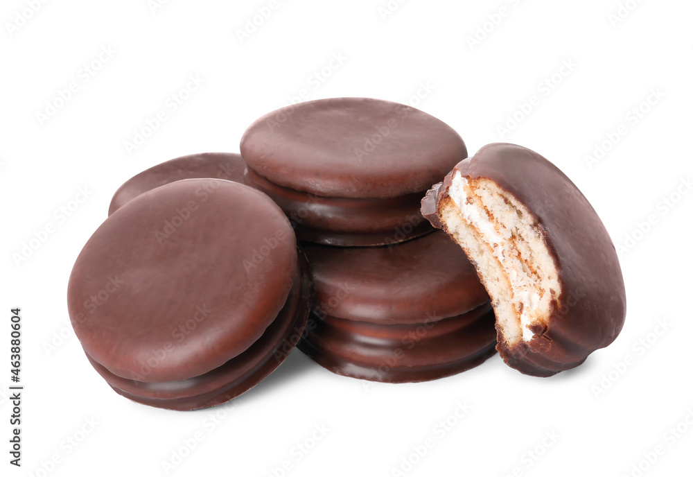 Delicious choco pies on white background. Classic snack cakes Delicious choco pies on white background. Classic snack cakes
