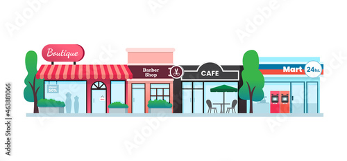 Various shop and store building facade, flat design, vector illustration