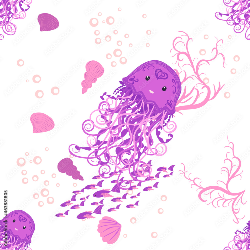 Jellyfish, fish, animals bright seamless patterns. Sea travel, snorkeling with animals, tropical fish. Jellyfish, fish, animals bright seamless patterns. Sea travel, snorkeling with animals, tropical fish.