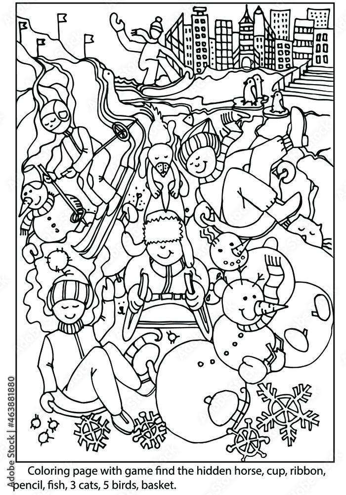 Find hidden objects. Coloring page with outdoor winter activities for kids. Sport. Leisure. Coloring worksheet for kids. Hand drawn vector.