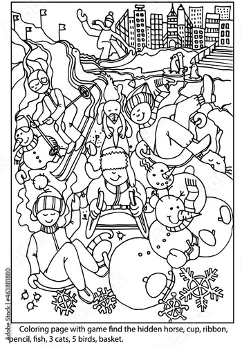 Find hidden objects. Coloring page with outdoor winter activities for kids. Sport. Leisure. Coloring worksheet for kids. Hand drawn vector.