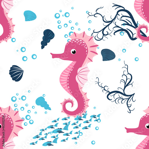 Seahorse, sea inhabitants seamless pattern, beautiful character among seashells, seaweed, starfish, marine