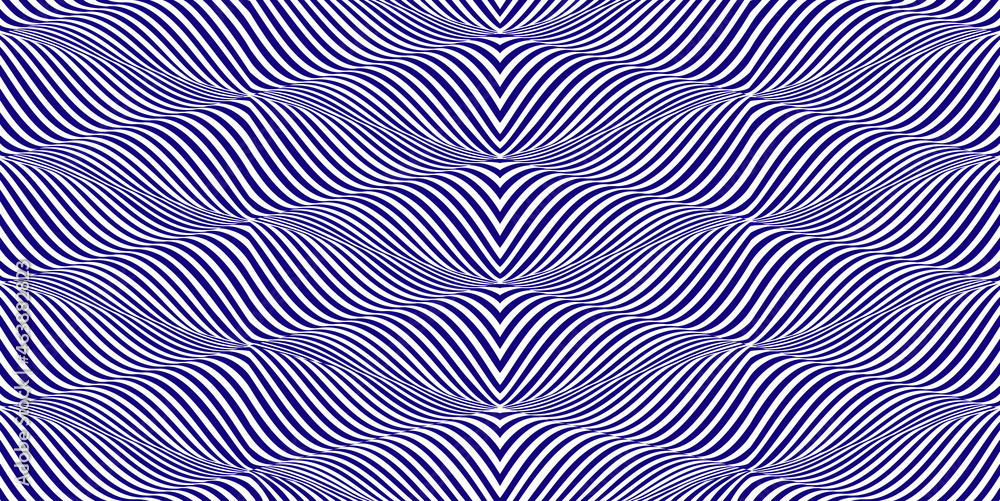 Visual illusions - optical illusions. Wave - distortion effect.   Distorted lines. Black and white design. Abstract striped background. Optical effect mobius wave stripe movement. Seamless pattern.