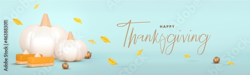 Happy Thanksgiving day background. Realistic pumpkins and pumpkin pie slice cookies. Autumn 3d design elements.Vector illustration