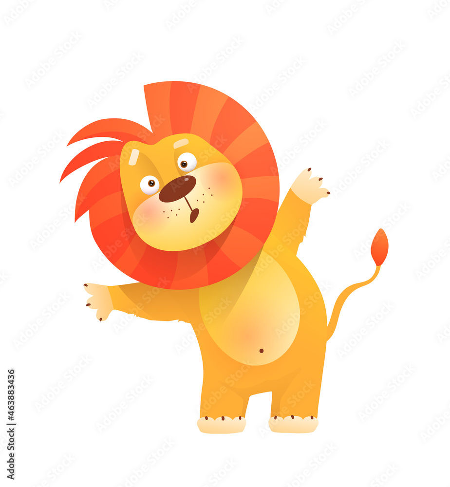 Obraz premium Cute baby lion curious asking question. Clipart for kids isolated on white. Children amusing wild lion animal design. Vector illustration in watercolor style.