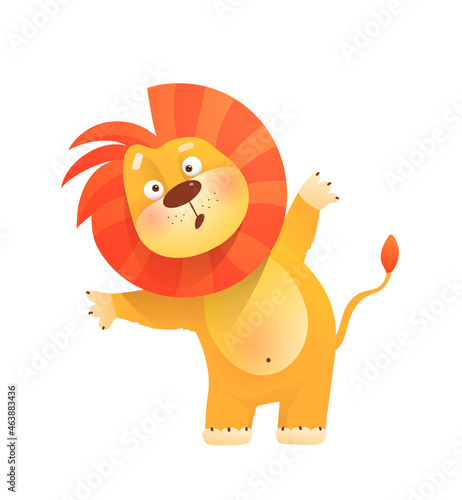 Cute baby lion curious asking question. Clipart for kids isolated on white. Children amusing wild lion animal design. Vector illustration in watercolor style.