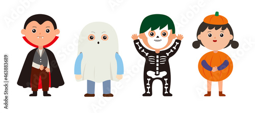 Set of cute kids with halloween costume in flat design Vector