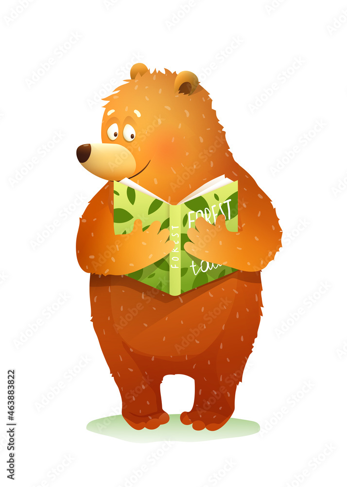 Bear reading a book story or fairy tale about forest, cute baby animal