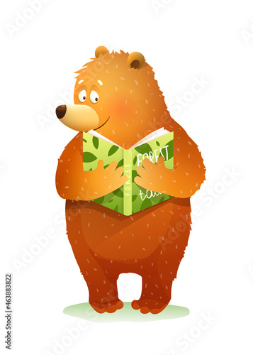 Bear reading a book story or fairy tale about forest, cute baby animal studying. Vector bear cub fantasy illustration for children in watercolor style.