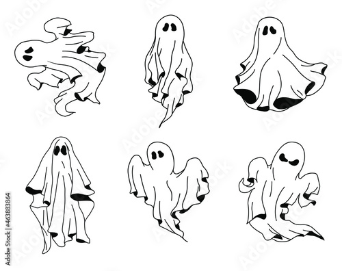 Set of cloth Ghosts. Flying Phantoms. Halloween scary ghostly monsters. Cute cartoon spooky characters. Holiday Silhouettes. Hand drawn trendy Vector illustration.