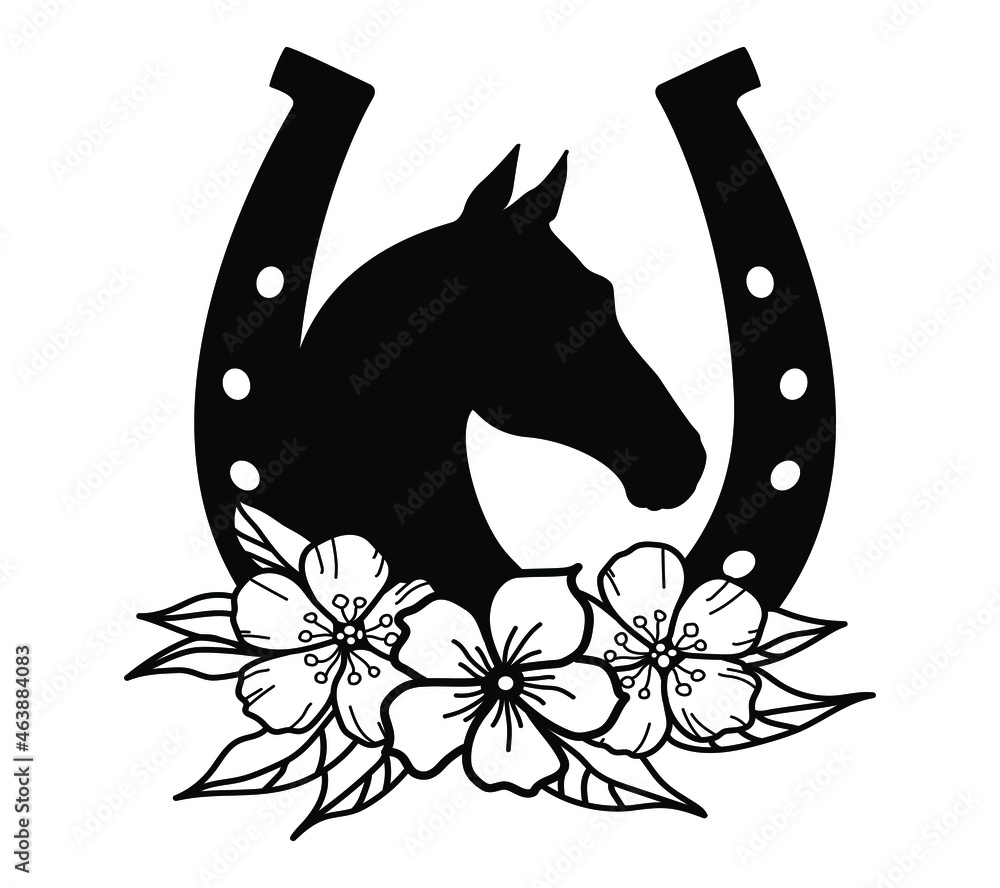 Horse head and horseshoe with flowers. Vector illustration design