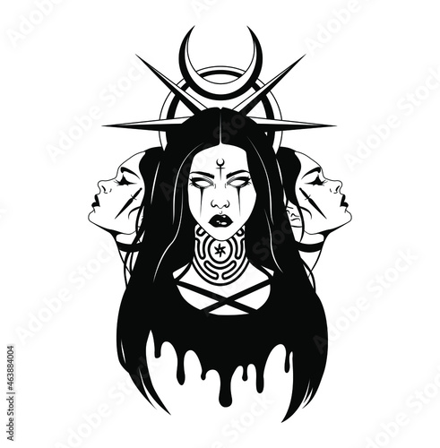 Triple lunar Goddess Hecate ancient Greek mythology hand drawn black and white isolated vector illustration. Tattoo or print design. Vector illustration. photo