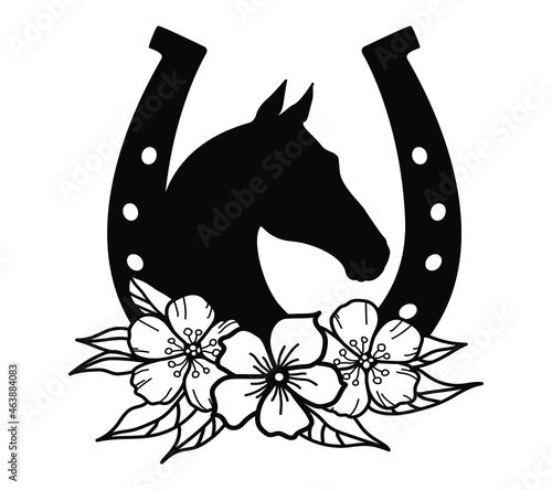 Horse head and horseshoe with flowers. Vector illustration design.