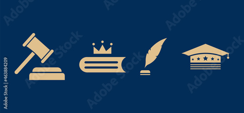 Law Elements Set. Scales Vector Illustration. Bachelor hat, leaf, book, or crown icons.